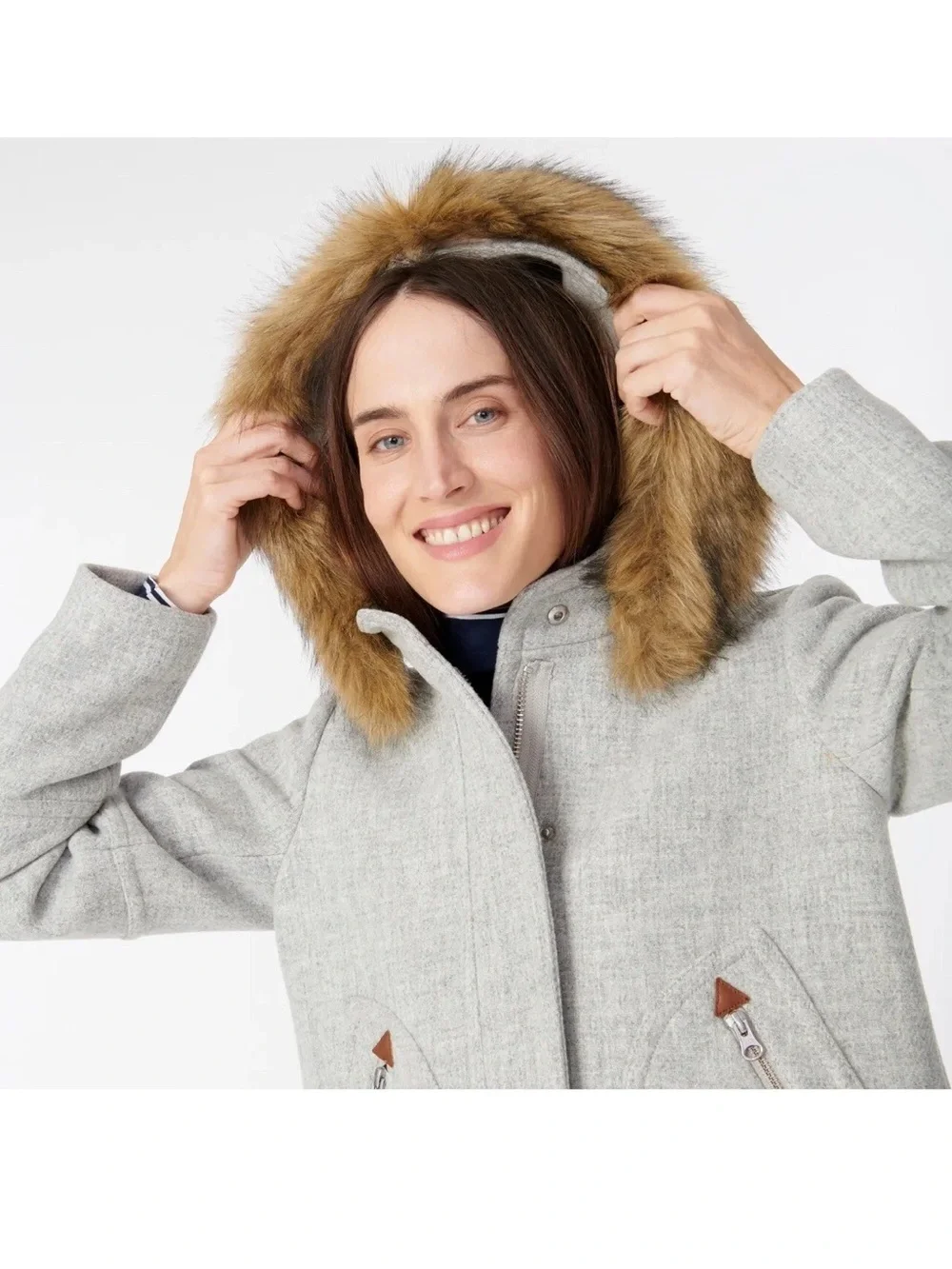 J.Crew Wool Nello Gorri Chateau Faux Fur Hood Parka Coat Sz 2 Quiet Luxury Gray - Picture 3 of 16